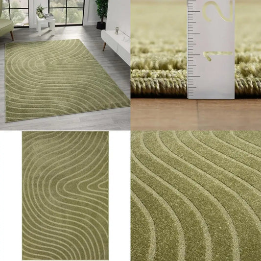 Contemporary Green Geometric Wave Area Rug, 8x10, Stain Resistant, Modern Carpet for High Traffic Spaces