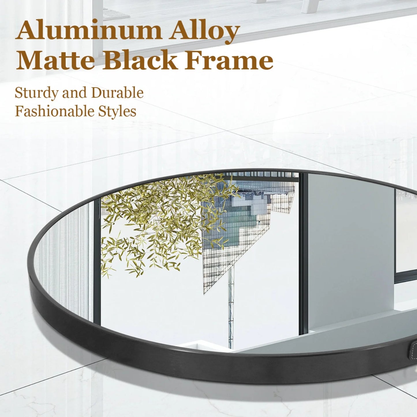 Round Wall Mirror with Brushed Aluminum Frame and Leather Strap - 60/70/80cm