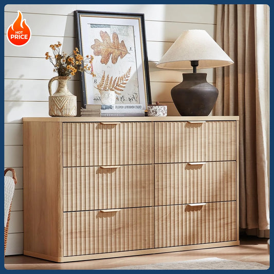 [New Arrival!]Fluted 6 Drawers Dresser for Bedroom, 48" Wide Modern Chest of Drawers with Metal Handle, Natural Curved Profile F