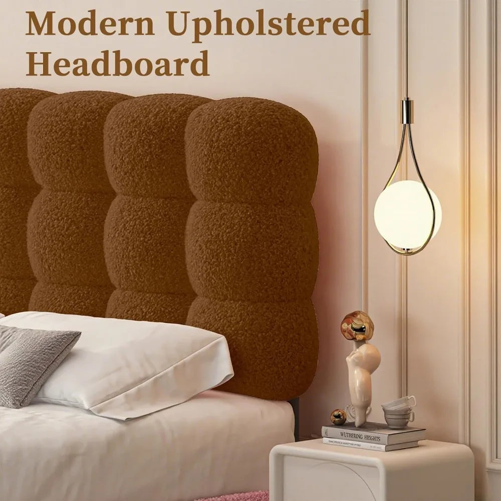 Single Bed Frame with Upholstered Headboard, Teddy Soft Boucle Fabric, Platform Bed with Strong Wooden Slats Support, Tw