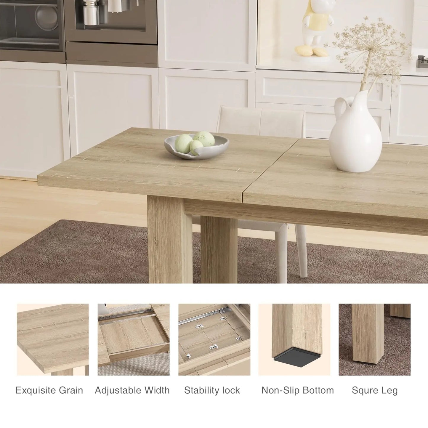 Vabches Extendable Dining Table for 6-8 Seater Wooden Kitchen Table Modern Rectangle Dinner Table Space Saver for Dining Room