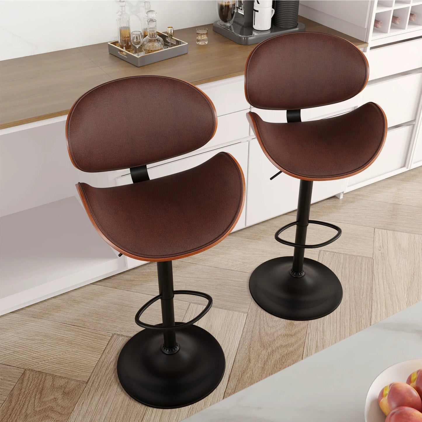 Rotating Bar Stool 2-Piece Set with Backrest and Footstool, Pu Leather Cushion Counter Height Bar Chair for Bar Kitchen and Restaurant