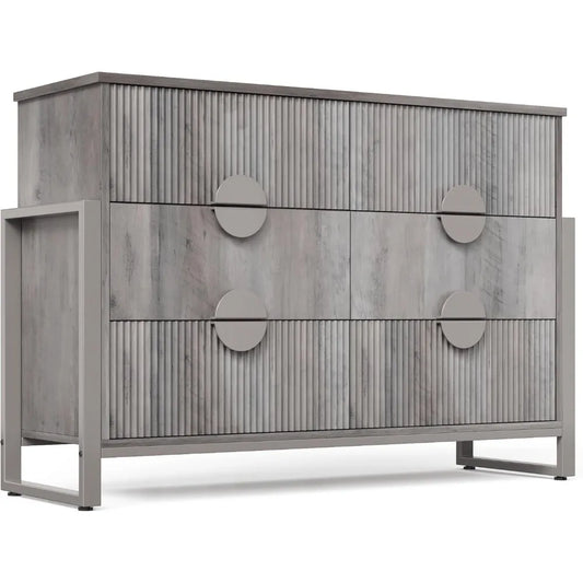 Modern 6-Drawer Gray Fluted Dresser, 50 Wide Bedroom Chest with Deep Drawers and Raised H-Legs - Curved Profile Design