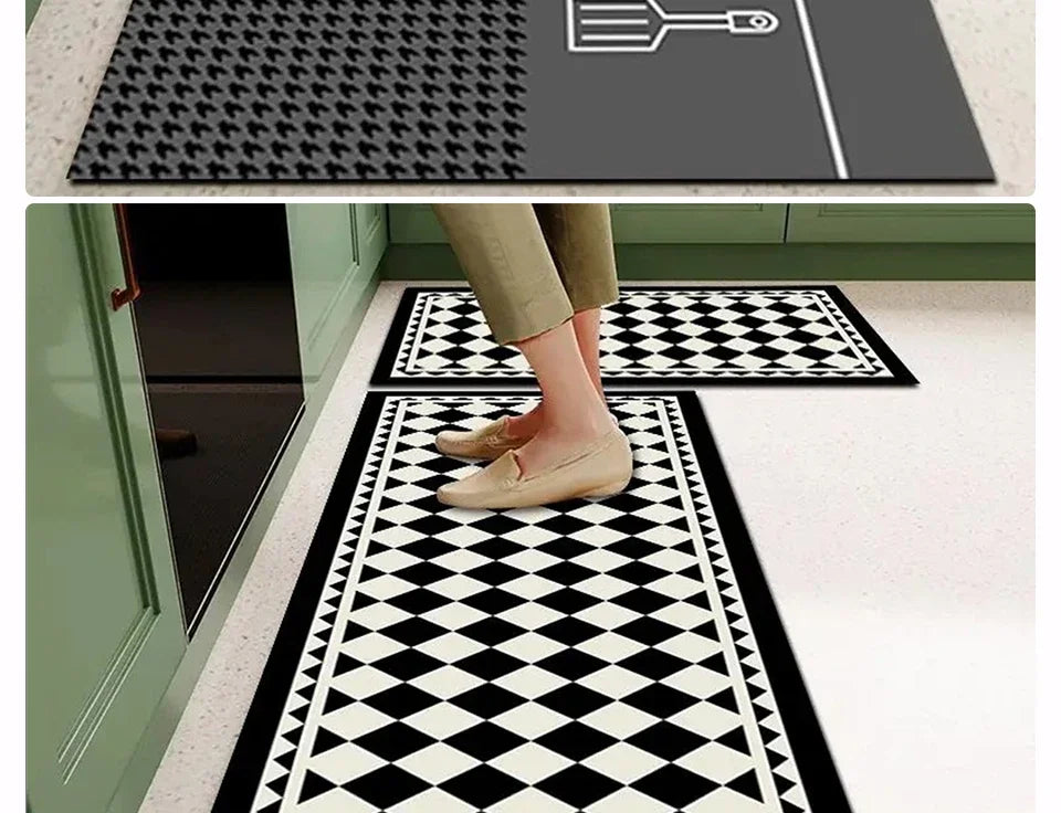 Mat for Kitchen Carpet Waterproof PVC Long Floor Mats Leather Oil Proof Anti-slip Carpets Black White Plaid Home Decoration Rug