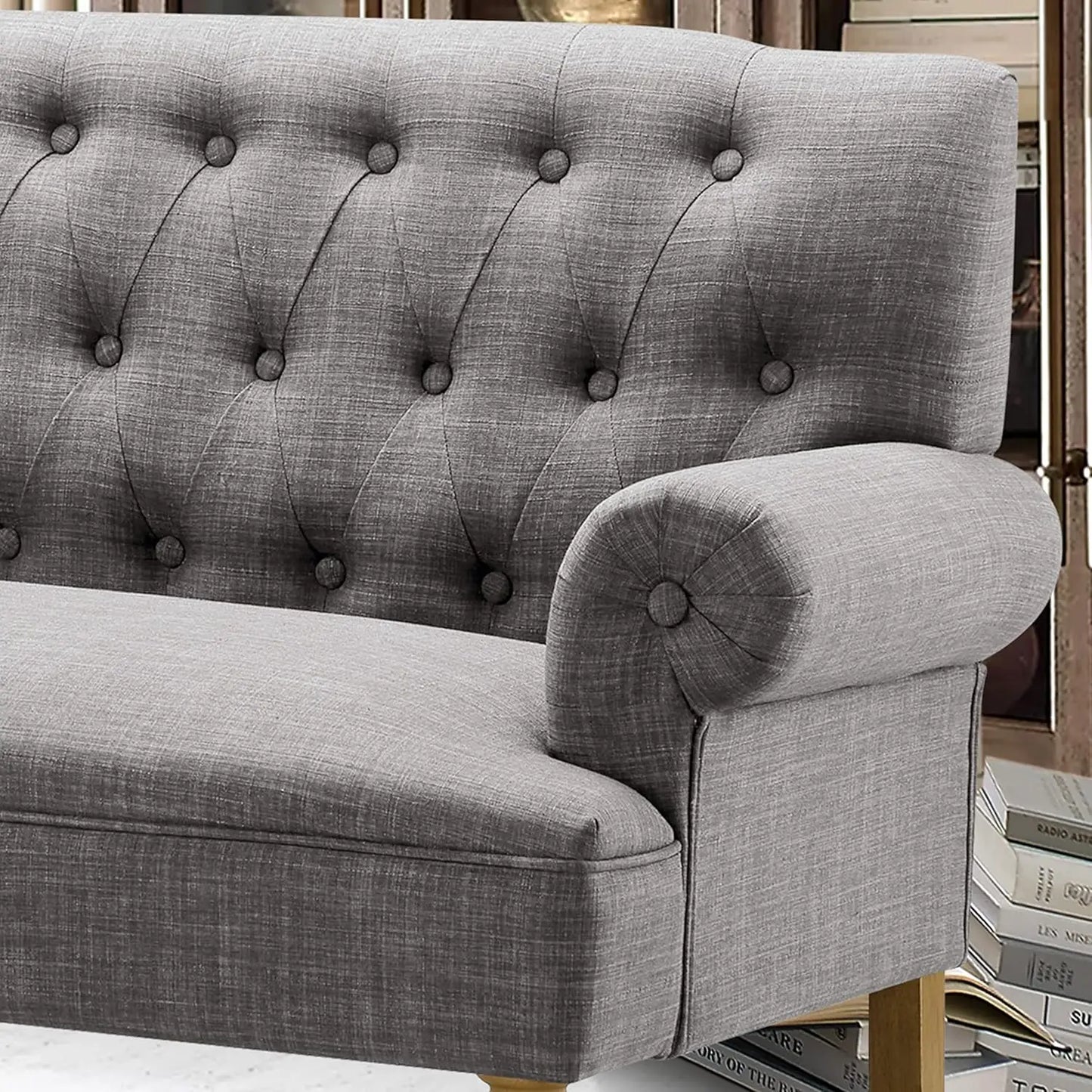 Loveseat Sofa 59": Button Tufted Linen with Rolled Arms & Gold Legs