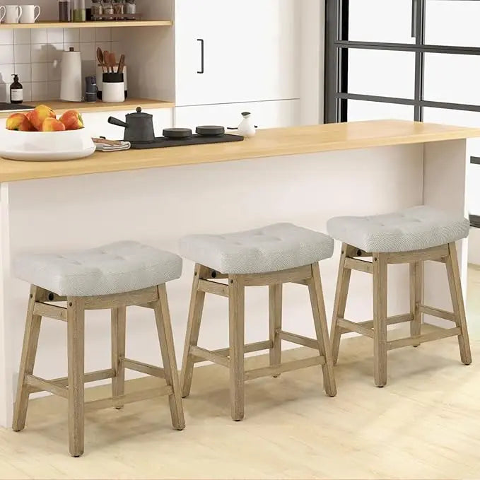Counter Height Bar Stools Set of 3, Barstools with Upholstered Leather Saddle Seat and Solid Wood Legs 24 Inch Kitchen