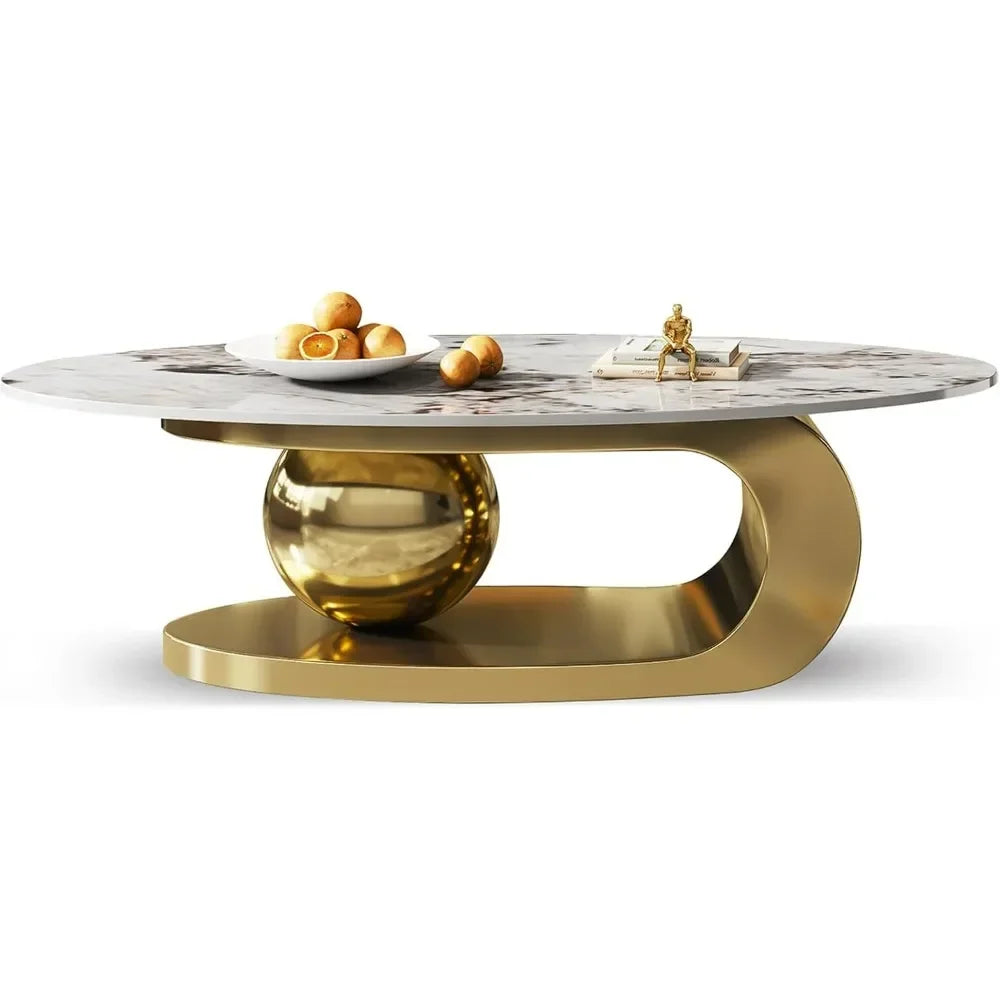 Modern Oval Stone Coffee Table with Abstract Gold Metal Base - Perfect  for Stylish Living Rooms-Gold,51"Lx28Wx16.5H