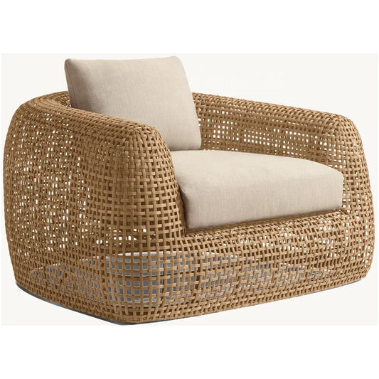 Hot Sales Modern PE Rattan Single Sofa Set High-End Outdoor Furniture With Natural Wood Look Wicker Teak Fabric Materials For D