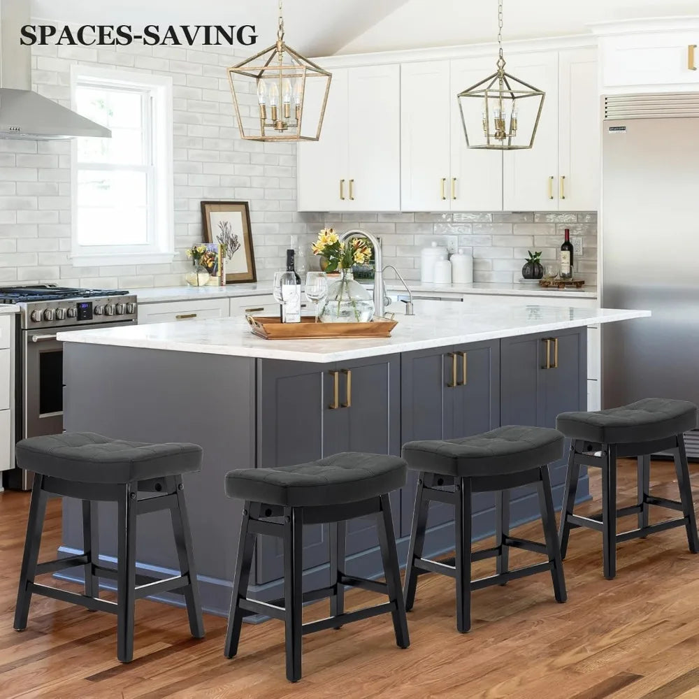 Counter Height Bar Stools Set of 3, Barstools with Upholstered Leather Saddle Seat and Solid Wood Legs 24 Inch Kitchen