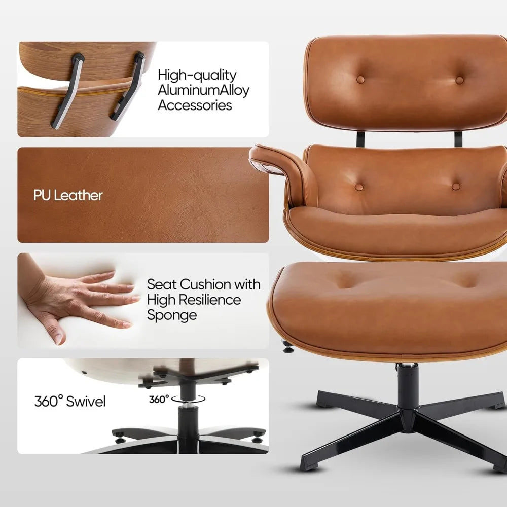 Mid-Century Modern Lounge Chair and Ottoman Set, Classic PU Leather Upholstery, Walnut Wood Trim, 360° Swivel, Ergonomic