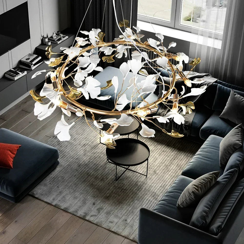 Ginkgo Leaf Chandelier 180cm: Modern Gold Pendant Light for Dining Room & Living Room