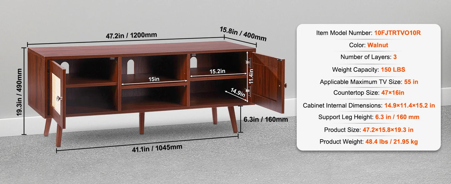 Rattan TV Stand Mid Century Modern TV Stand with Build-in Socket USB Ports Adjustable Shelfs for Living Room Media Room