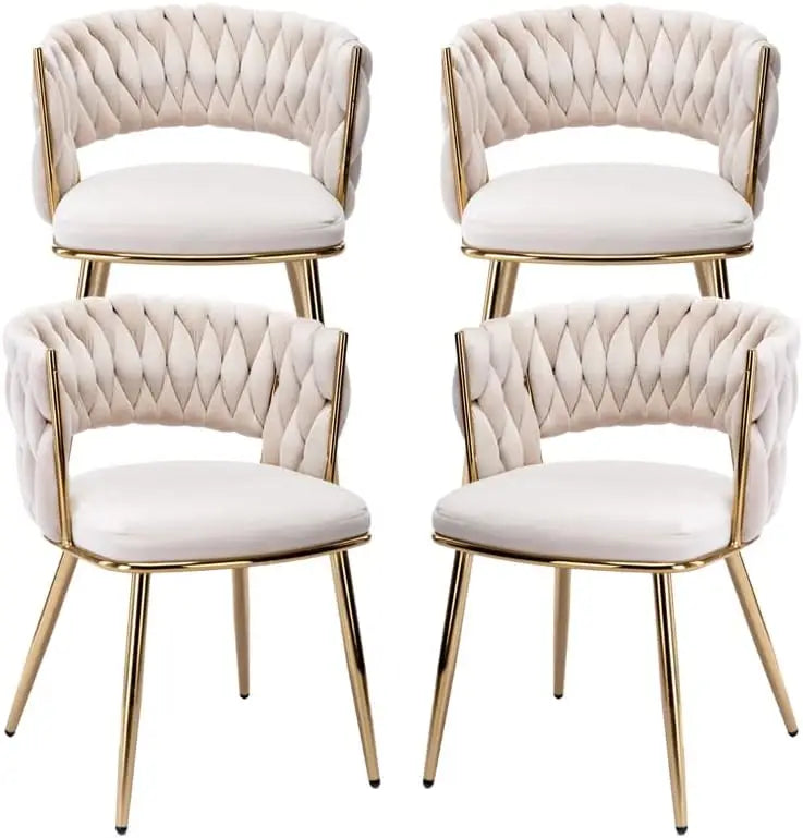 Velvet Dining Chair Set of 4, Gold Modern Dining Chairs with Metal Legs, Woven Upholstered Dining Chairs
