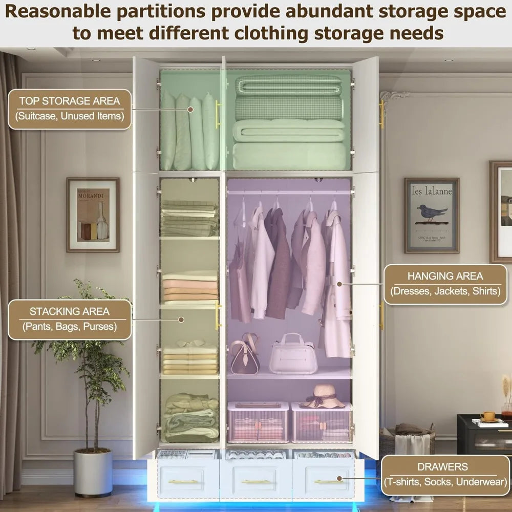 Large Armoire Wardrobe Closet Cabinet with Drawers and LED Lights, Multi-Tier Shelves, Hanging Rod, Large Capacity Storage 3 Doo