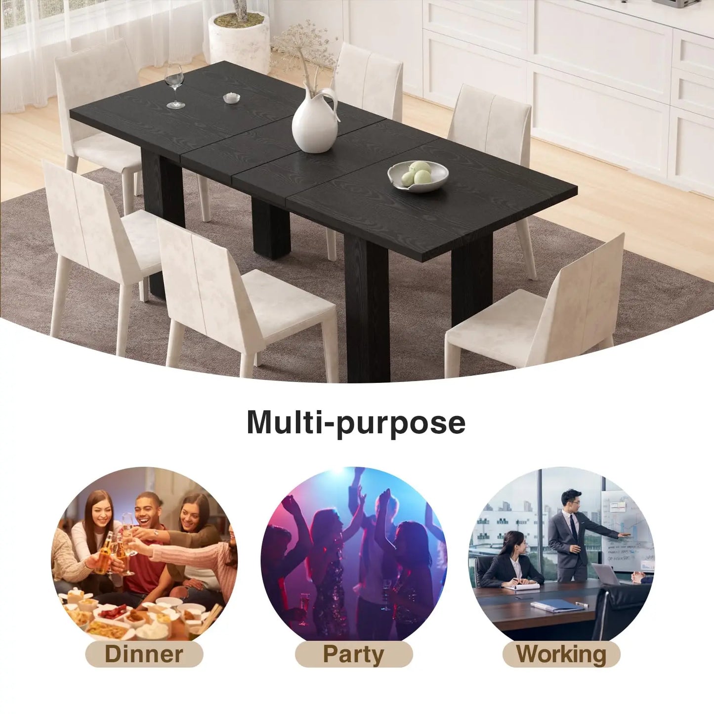 Vabches Extendable Dining Table for 6-8 Seater Wooden Kitchen Table Modern Rectangle Dinner Table Space Saver for Dining Room