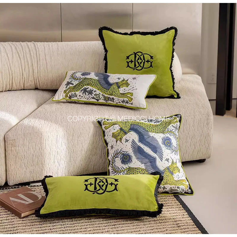 Medicci Home Luxury Monogrammed Lumbar Cushion Cover Green Brush Fringe Monogram Accent Throw Pillow Case Personalized Gifts