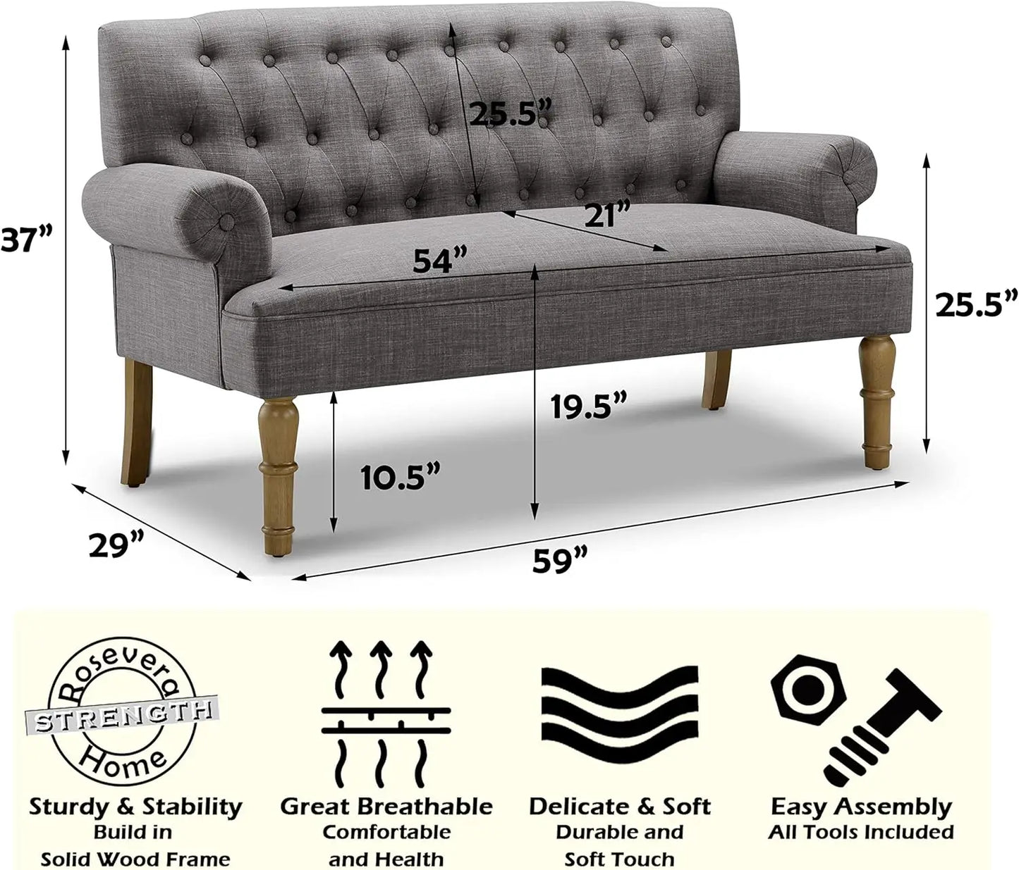 Loveseat Sofa 59": Button Tufted Linen with Rolled Arms & Gold Legs
