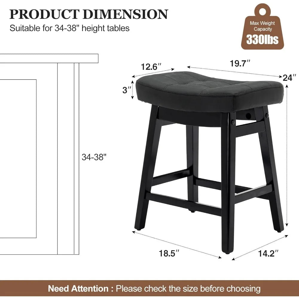 Counter Height Bar Stools Set of 3, Barstools with Upholstered Leather Saddle Seat and Solid Wood Legs 24 Inch Kitchen