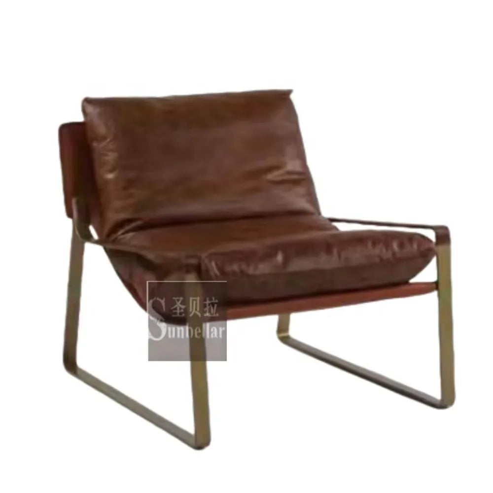 Vintage leather lounge armchair luxury comfortable living room chair metal iron frame tan leather lazy accent chair