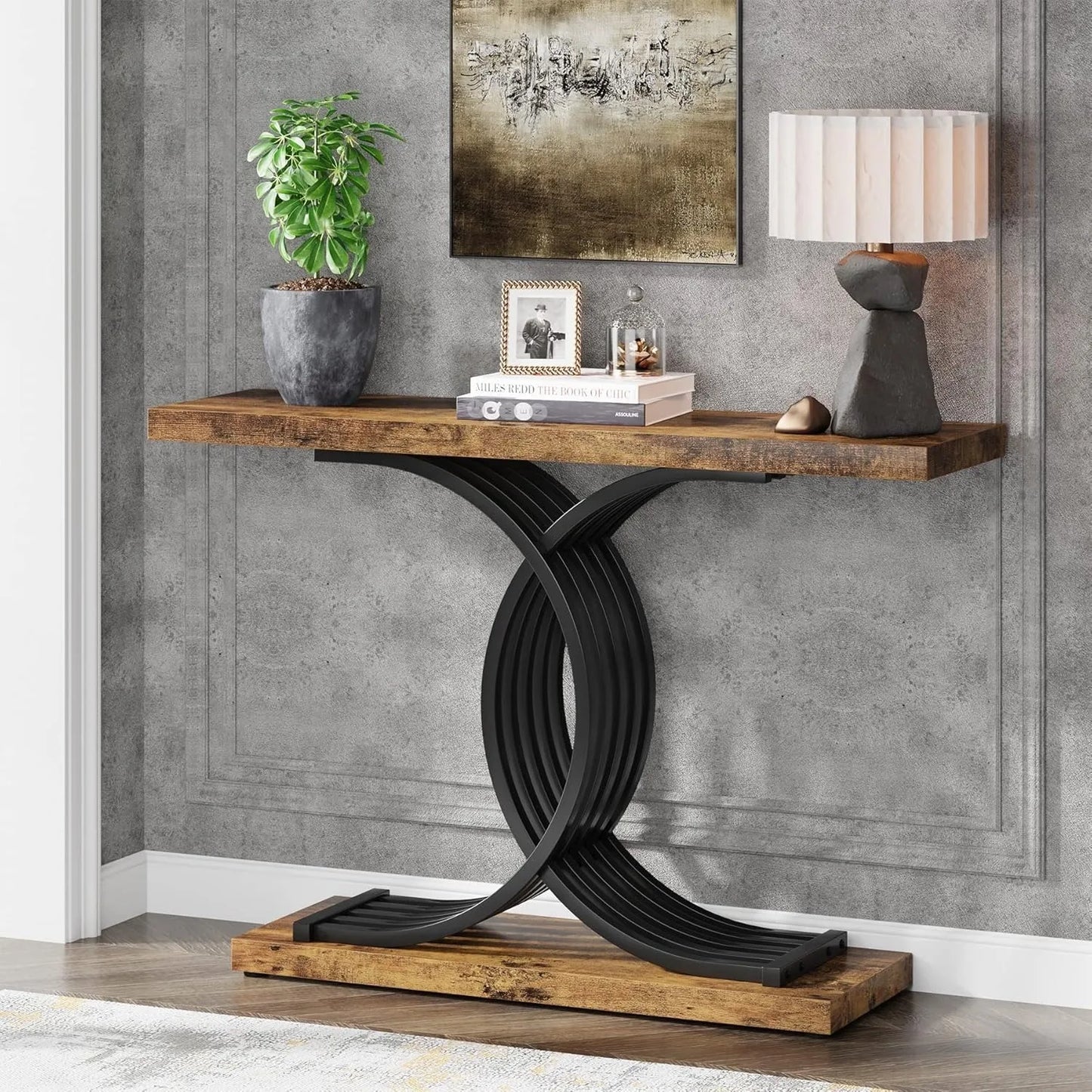 Industrial Entryway Table, 39-Inch Console Table Accent Table with Geometric Metal Legs, Narrow Wood Sofa Table for Entrance
