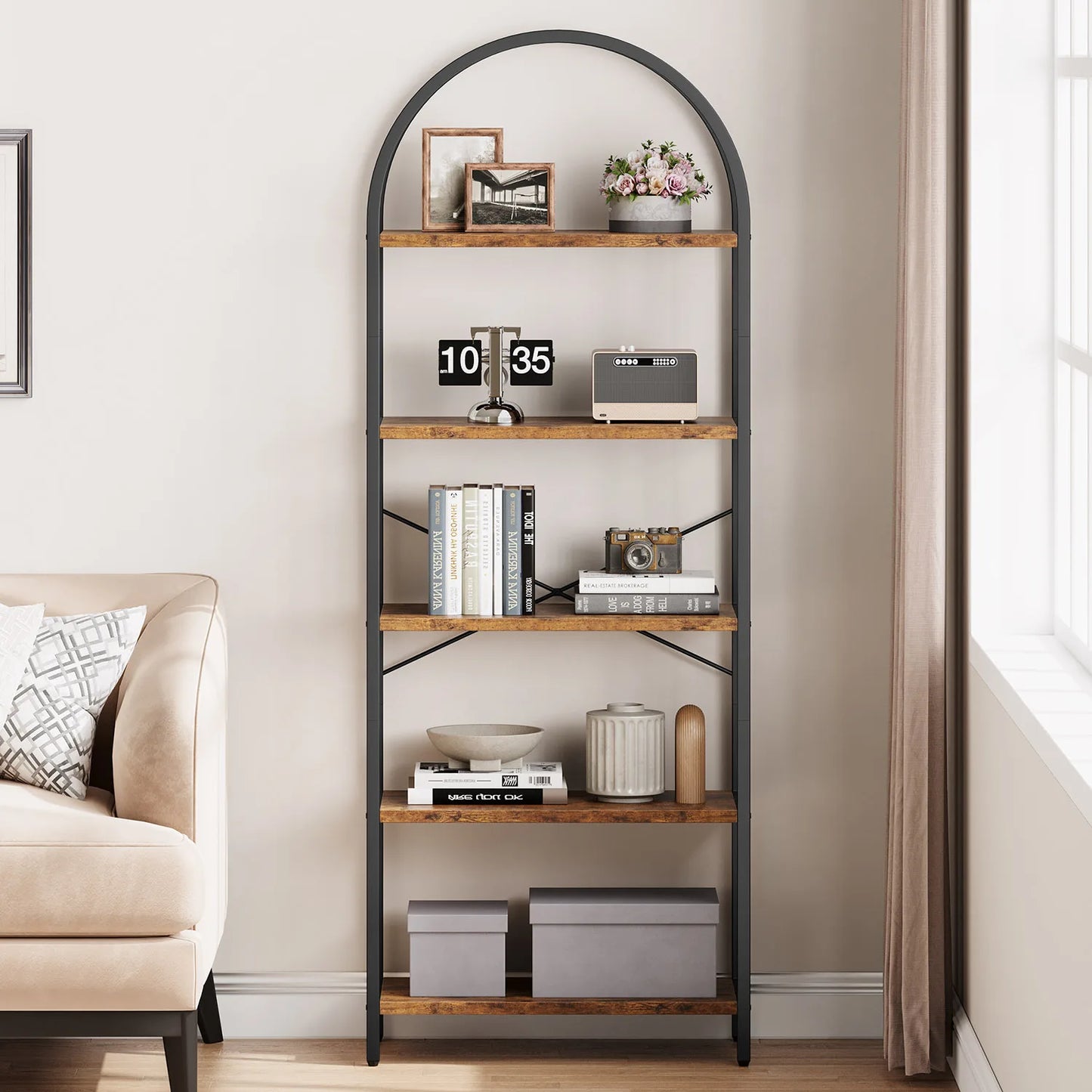 5-Tier Arched Bookshelf - Industrial Freestanding Display Rack, 180cm