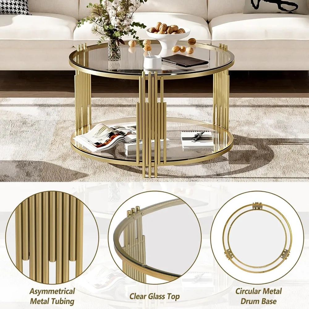 31.5" Modern Round Glass Coffee Table, Glass Side Table End Table with Circular Metal Drum Base, Tea Table with Gold Finish & Lo