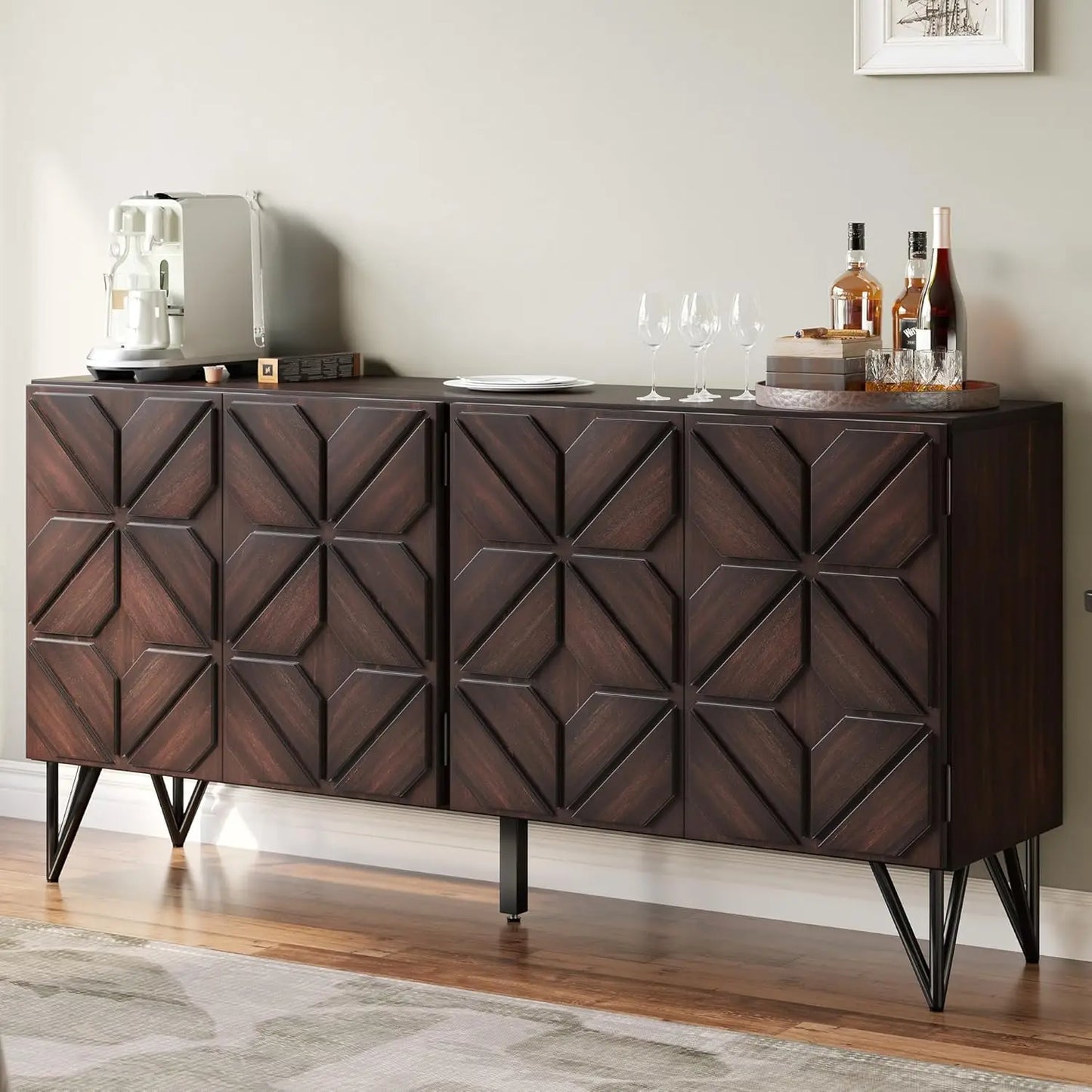 Sideboard Buffet with Hand-Carved Geometric Doors - Console Cabinet, 63"