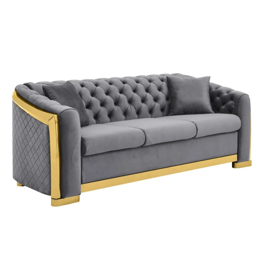 Velvet Luxury Chesterfield Sofa Set 84 Inches Tufted 3 Seat Couch with Gold Stainless for Living Room Grey Fabric