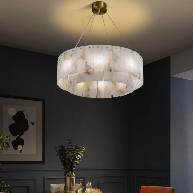 Natural Marble Brass Pendant Light - Nordic Gold Chandelier, Round 45cm