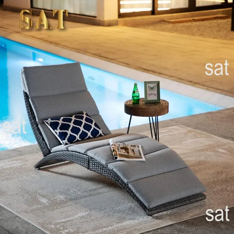 t Patio Chaise Lounge, Outdoor Lounge Chair, PE Rattan Foldable Chaise Lounger with Removable Dark Gray Cushion, Suitable