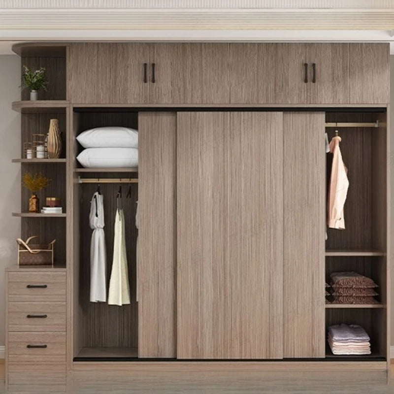 Wooden Wardrobe with Hanging Rod and Storage Shelves