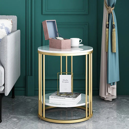 2-Tier Round Side Table - Marble Effect with Gold Frame