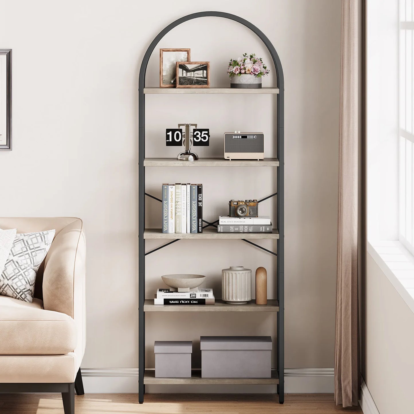 5-Tier Arched Bookshelf - Industrial Freestanding Display Rack, 180cm