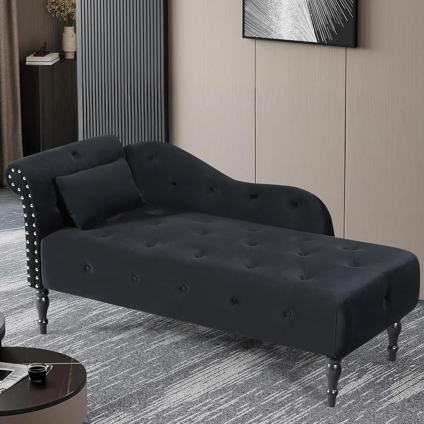 Modern Velvet Upholstered Chaise Lounge Indoor Button Tufted Chaise Lounge Chair with Solid Wood Legs Single Sleeper Sofa