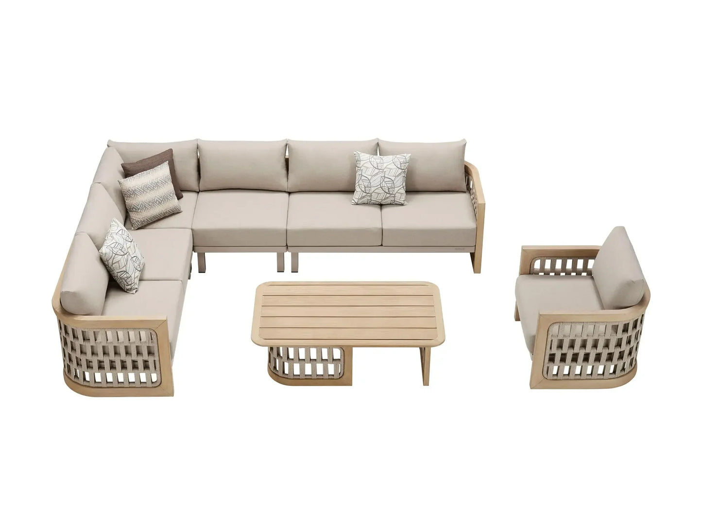 Hot Sales Outdoor Luxury Terrace Set Rope Weave Natural Teak Wood Sofa With Combination Of Strapping Patio Garden And Cushion V