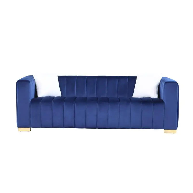 Velvet Sofa: Channel Tufted 3-Seat with Gold Base in Navy Blue