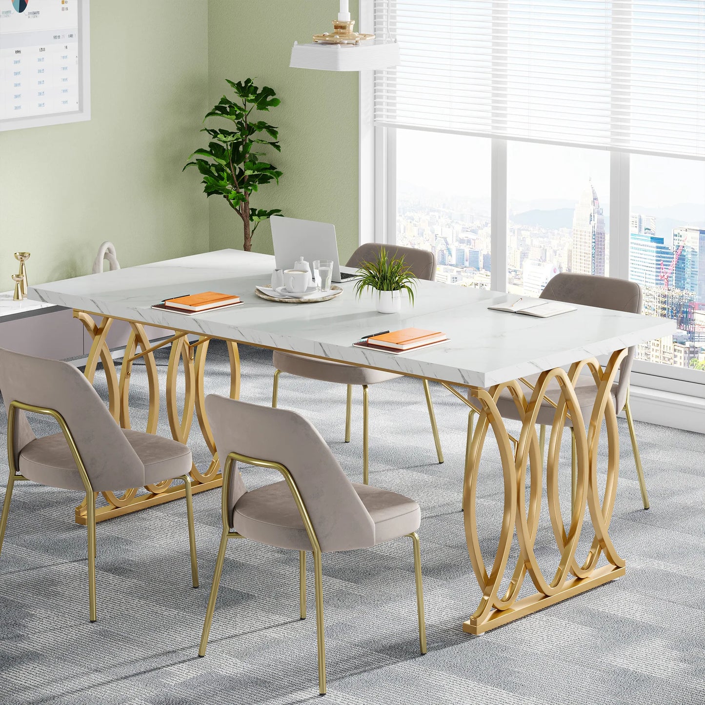 Executive Desk 63" - Modern White and Gold Office Desk with Geometric Base, Conference Table for Home Office