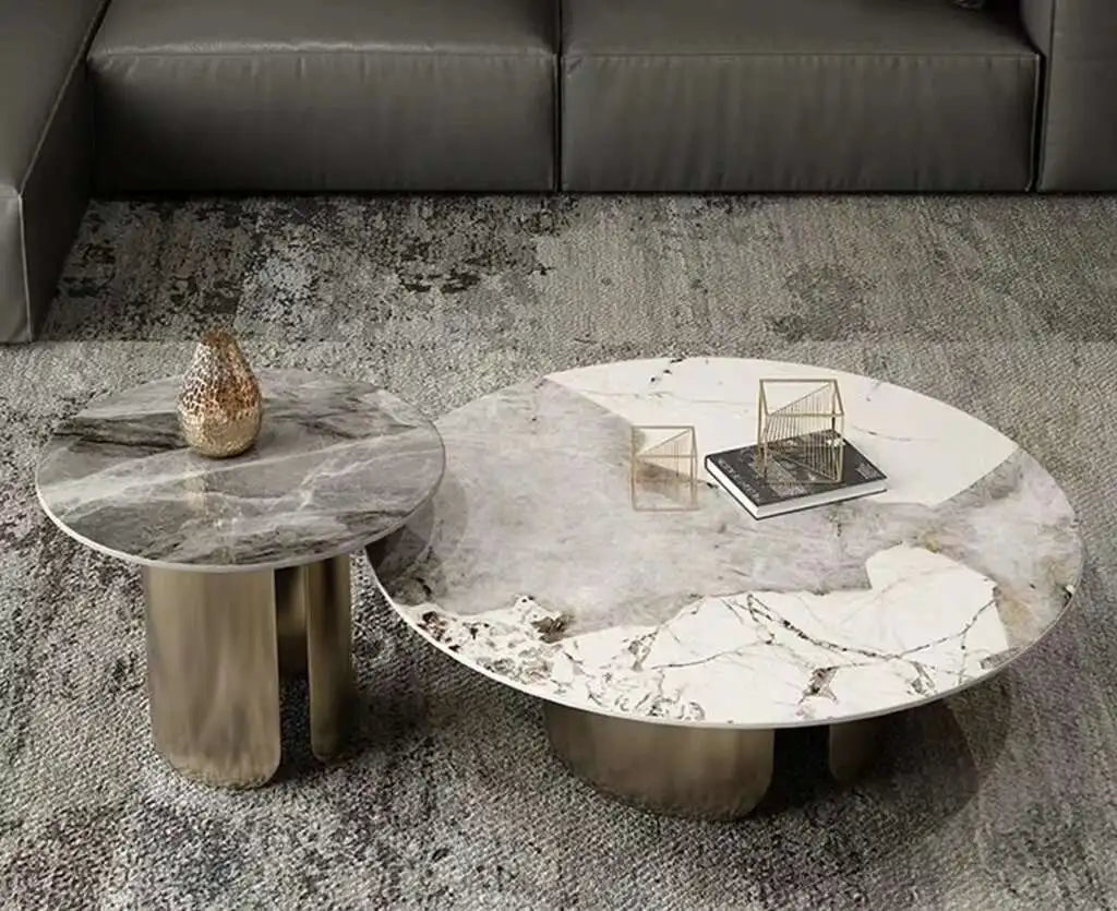 Nesting Coffee Table Set - White Marble Top with Gold Metal Base - 2 Sizes