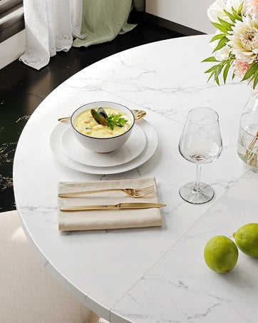 47.24 Inch Round Dining Table Kitchen Table for 4 People Wooden Marble Pattern Dinner Room Table with Gold Base for Home office