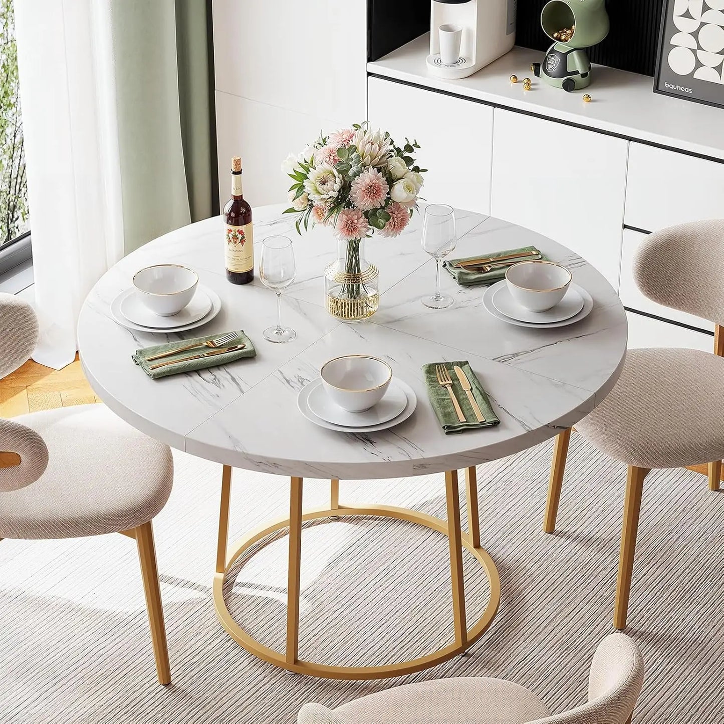 47.24 Inch Round Dining Table Kitchen Table for 4 People Wooden Marble Pattern Dinner Room Table with Gold Base for Home office