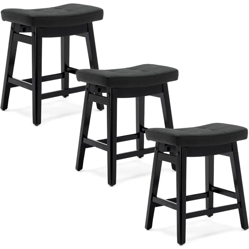 Counter Height Bar Stools Set of 3, Barstools with Upholstered Leather Saddle Seat and Solid Wood Legs 24 Inch Kitchen