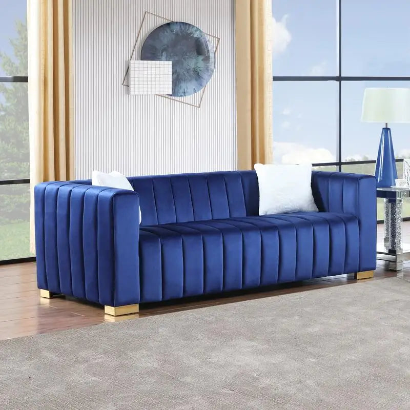 Velvet Sofa: Channel Tufted 3-Seat with Gold Base in Navy Blue