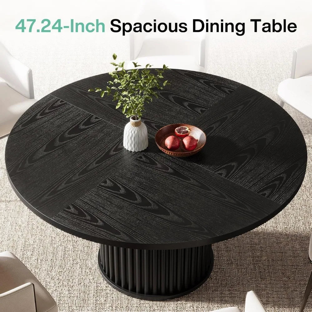 47.24-Inch Black Round Dining Table for 4-6 People, Modern Fluted MDF + Metal Base Kitchen Table, Sturdy Circle Dining