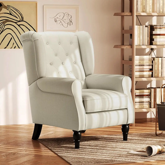 Mid-Century Modern Wingback Accent Chair, Button-Tufted Cream White Armchair with Wood Legs