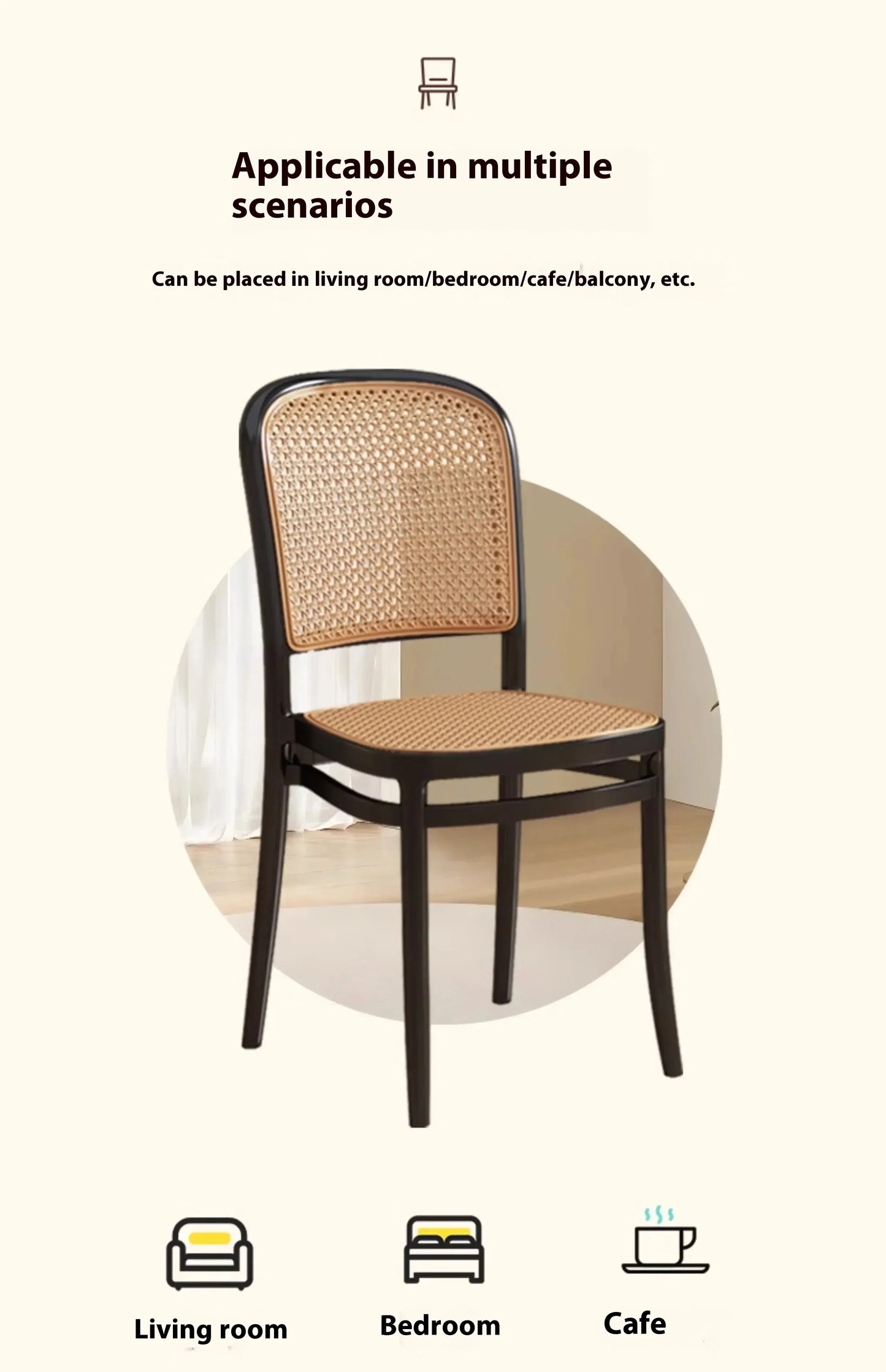 Black Rattan Dining Chair with Natural Cane Webbing and Cushion