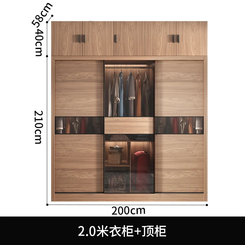 Nordic Wardrobe Bedroom Simple Glass Sliding Door Walnut Color Cabinet Sliding Door Wardrobe