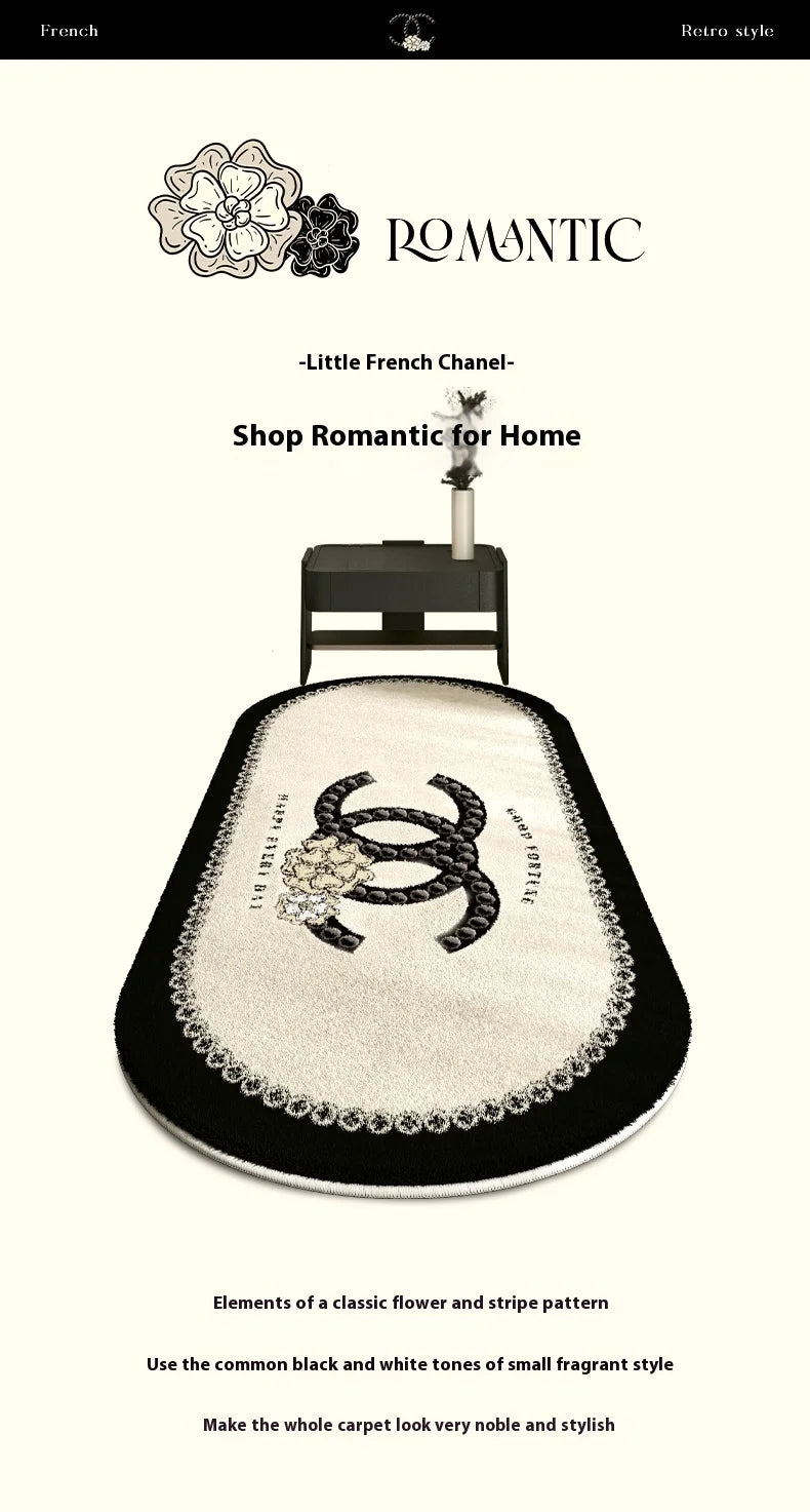 Designer-Inspired Oval Bedroom Rug - Luxury Logo Design with Lace Border