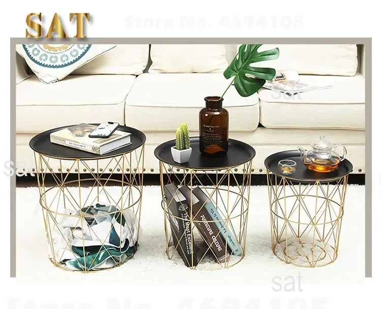 -New Nordic Golden Iron Metal Coffee Table Dirty Storage Basket Tea Fruit Snack Service Plate Tray Bed Living Room Sofa Side