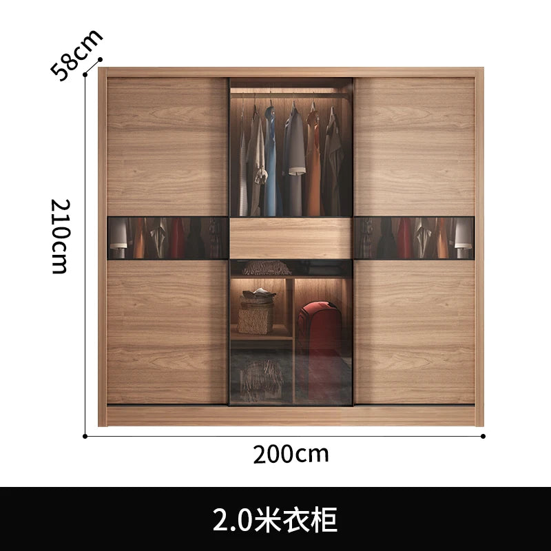 Nordic Wardrobe Bedroom Simple Glass Sliding Door Walnut Color Cabinet Sliding Door Wardrobe