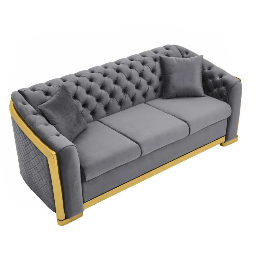 Velvet Luxury Chesterfield Sofa Set 84 Inches Tufted 3 Seat Couch with Gold Stainless for Living Room Grey Fabric